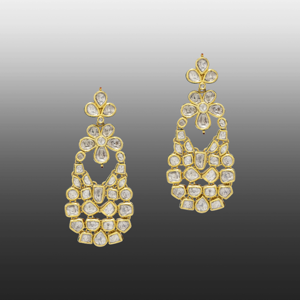 Floral Cascade Earrings with Polki & Gold Detailing